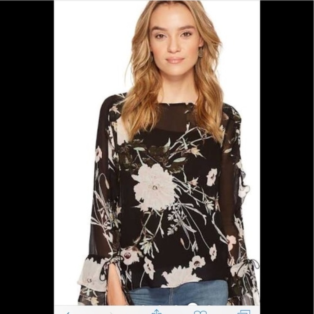 Lucky Brand Sheer Floral Bell Sleeve Blouse Top S